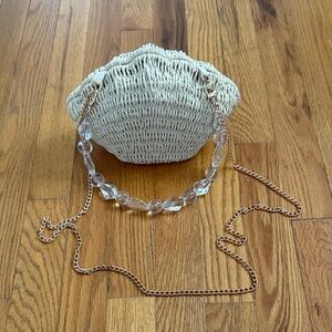 Elegant Cream Woven Clutch with Gold Chain